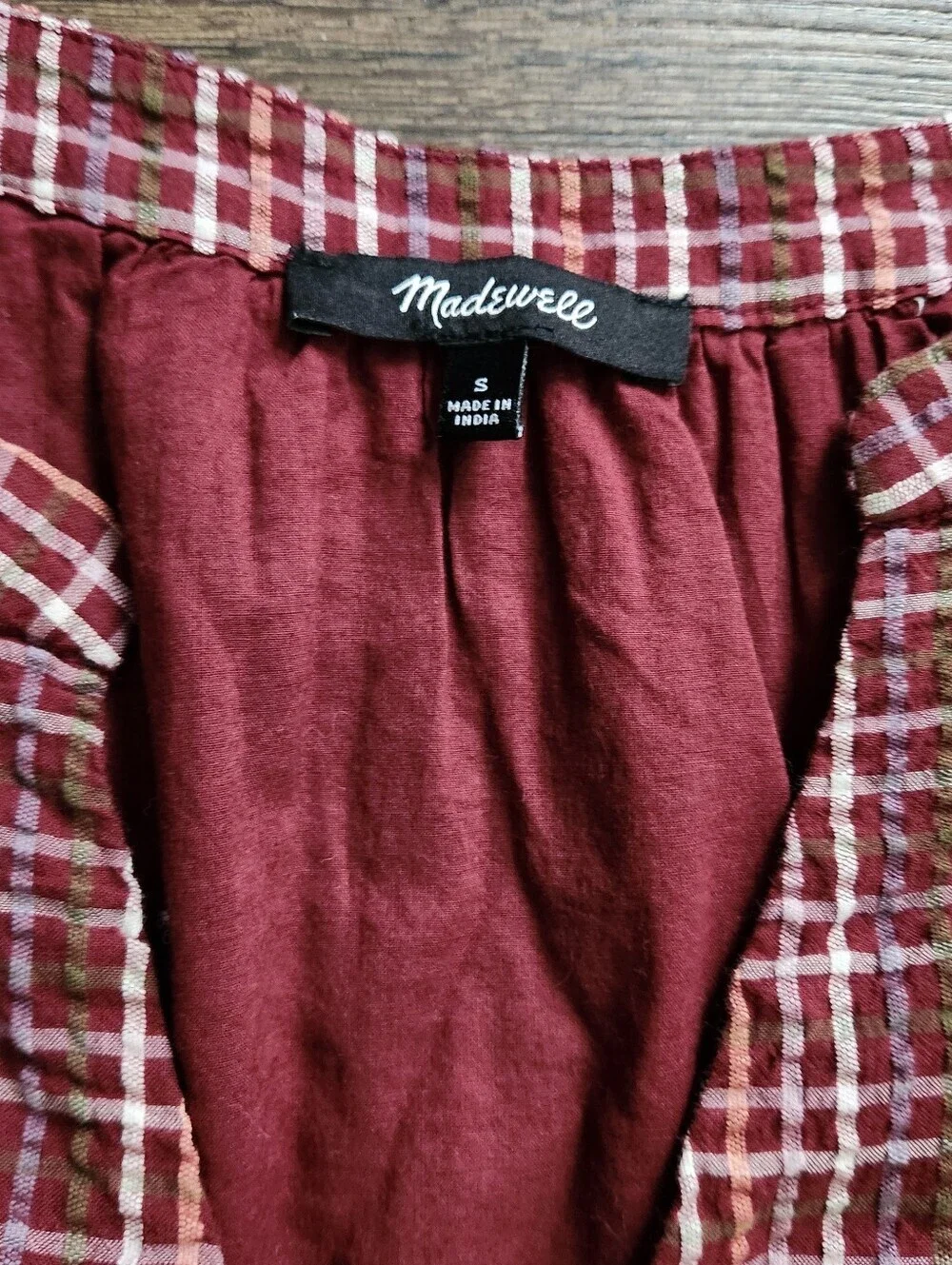 NWOT Madewell Burgundy Plaid Tiered Long-Sleeve Dress, Size S